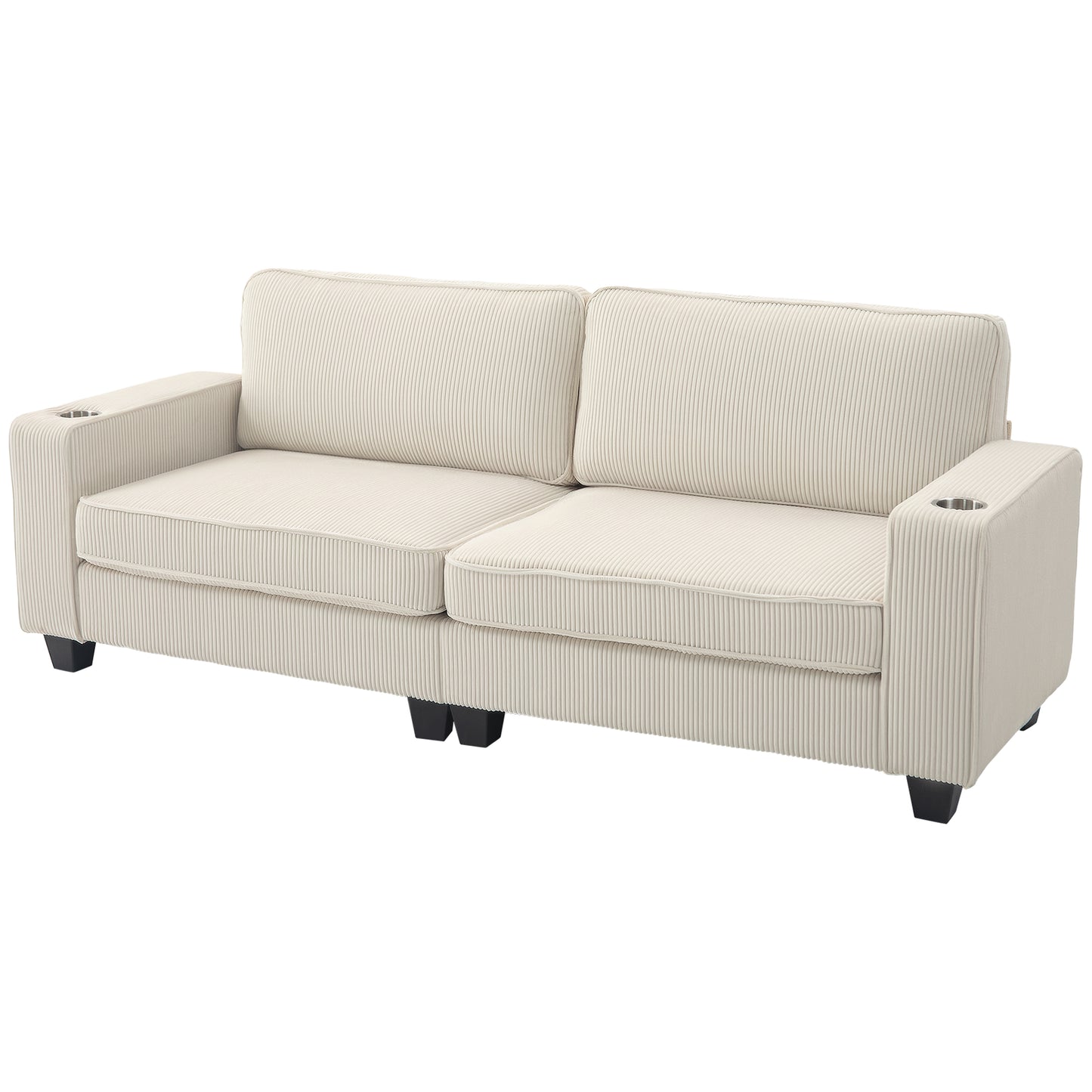 Canapé 3 places en tissu avec coussin à ressorts et porte-gobelets pour salon, chambre, blanc crème