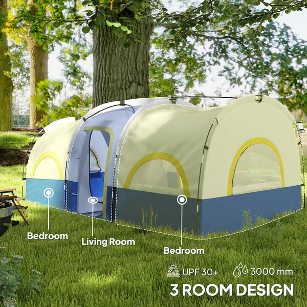 4-6 Person Camping Tent, 3 Room Cabin, 3000mm Waterproof & UPF 30+, with Built-in Groundsheet & Carry Bag, Blue