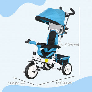 Tricycle 6 en 1 avec panier, auvent, harnais de sécurité 5 points, bleu