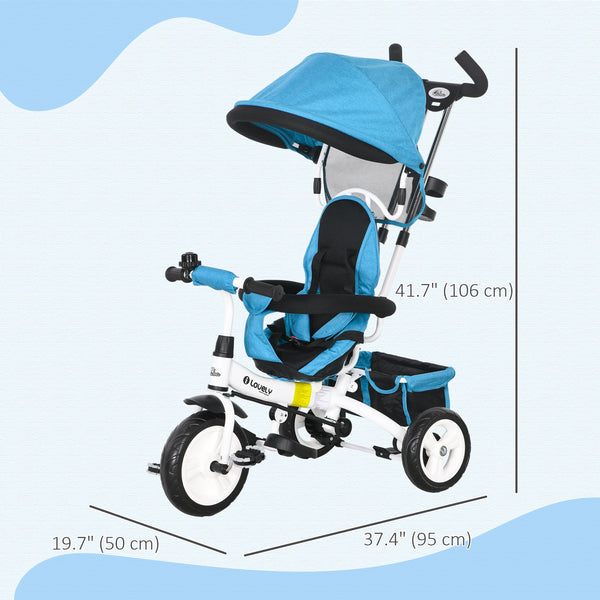 Tricycle 6 en 1 avec panier, auvent, harnais de sécurité 5 points, bleu