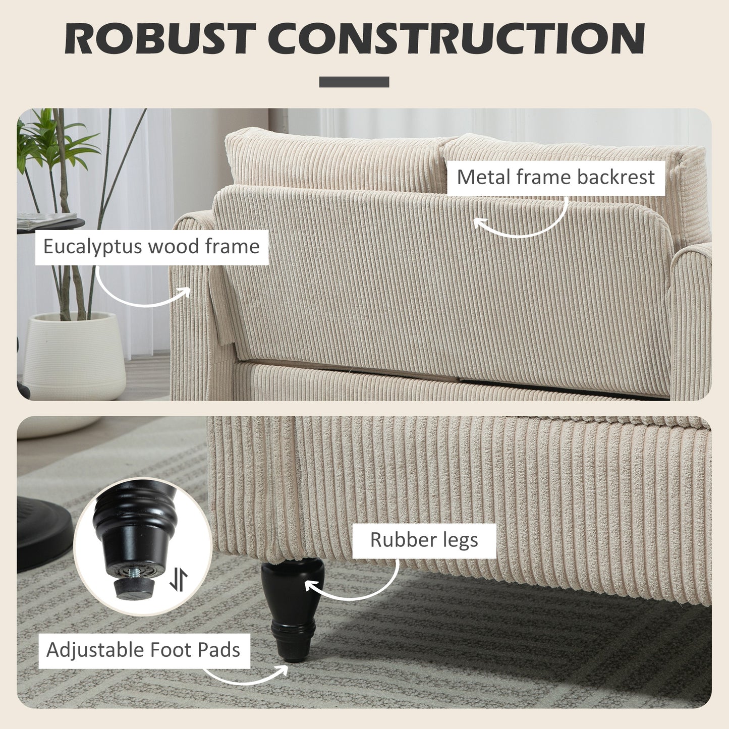 Canapé 2 places vintage avec accoudoirs roulés et pieds en bois d'hévéa, beige