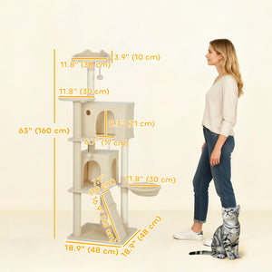 Arbre à chat de 160 cm avec griffoirs, cabanes, perchoirs moelleux, hamac, échelle, beige