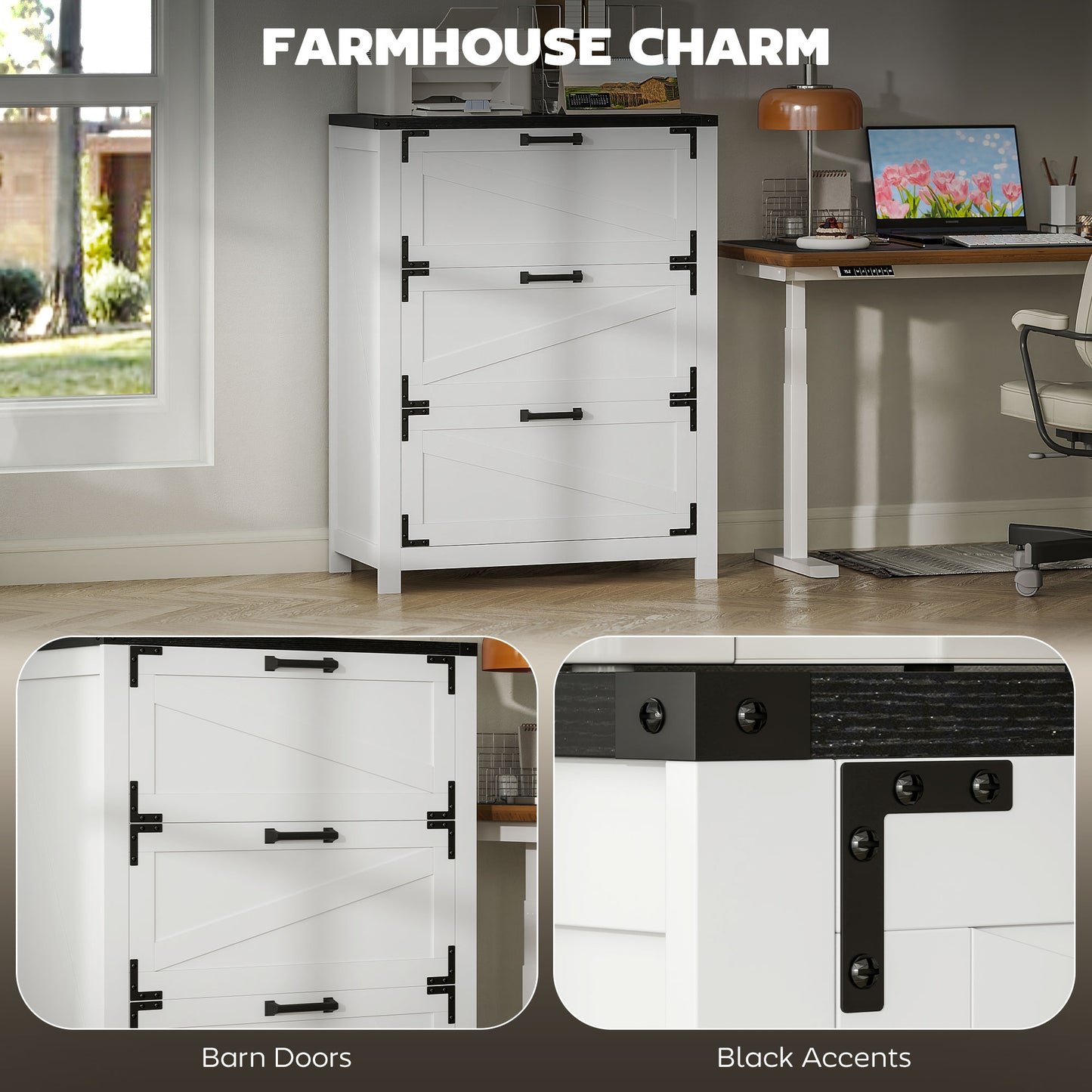 Country Style 3 Drawer Filing Cabinet with Adjustable Hanging Bars for Letter, A4, Legal Size, White