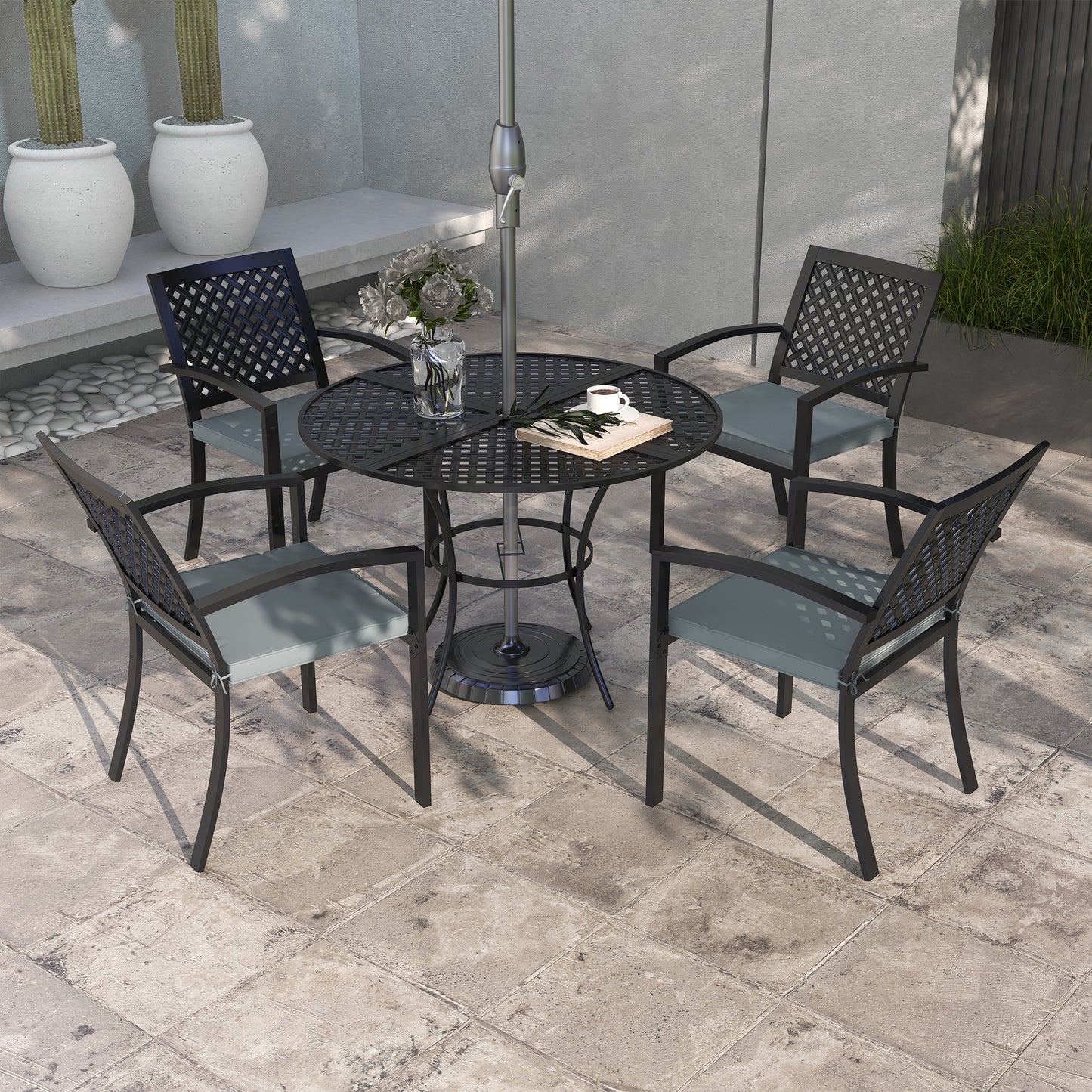 Outsunny 5-Piece Outdoor Dining Set with 4 Padded Stacking Armchairs, Patio Furniture Set with Umbrella Hole, Metal Table, for Garden, Patio, Poolside, Lawn, Backyard, Grey