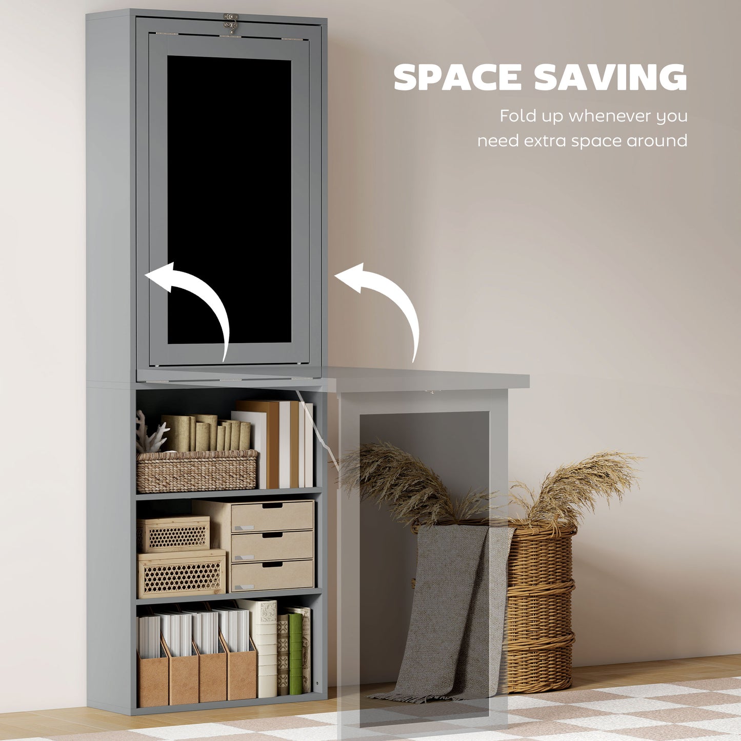 Bureau d'ordinateur mural pliable et convertible avec tableau noir et étagère latérale, gris anthracite
