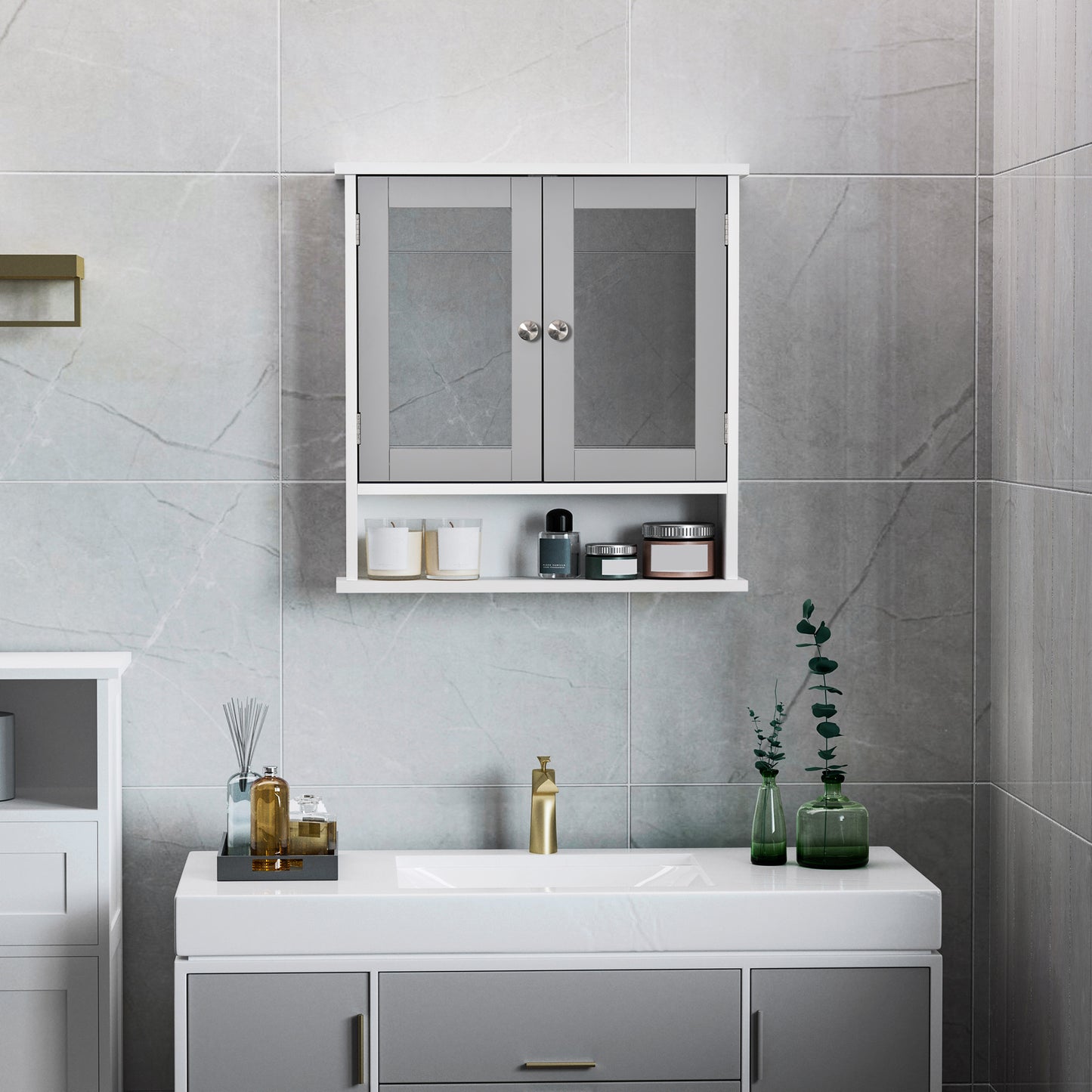 Armoire à pharmacie avec portes doubles, blanc et gris
