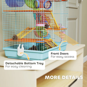 Cage pour hamste à 5 niveaux pour petits animaux avec système de tunnel, roue d'exercice, bouteille d'eau, bleu clair