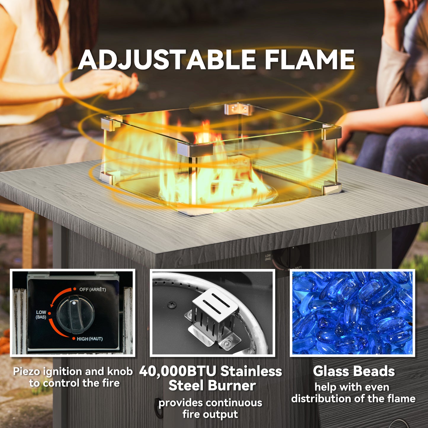 Table foyer à gaz 28 po 50 000 BTU avec couvercle et écran en verre, gris