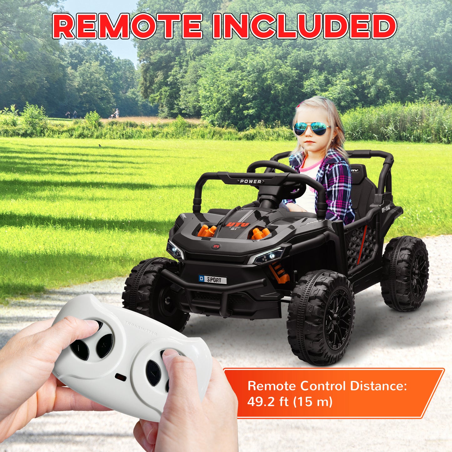 12V Kids Car, Remote Control Truck, Spring Suspension, LED Headlights, 3 Speeds, Black