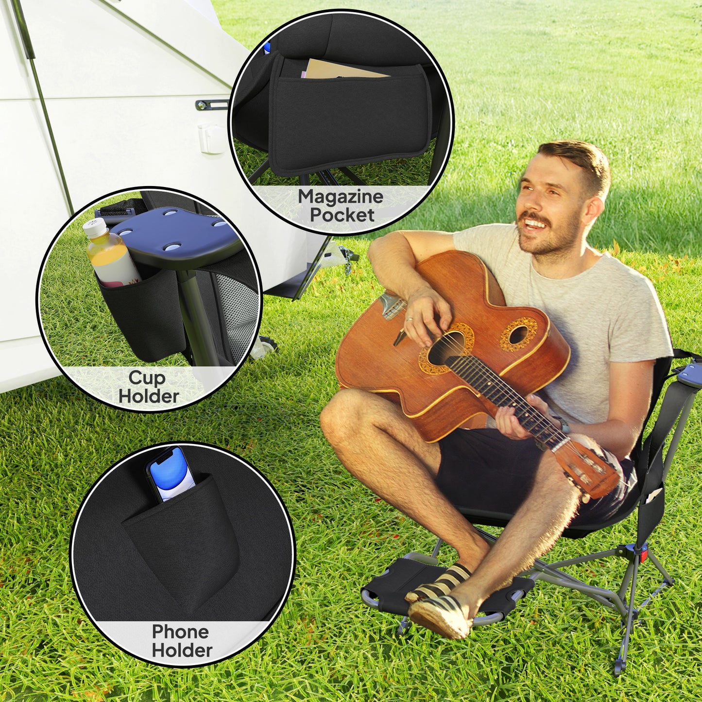 Lot de 2 chaises hamac de camping, dossier réglable, pliable, pivotante, avec porte-gobelet et siège rembourré