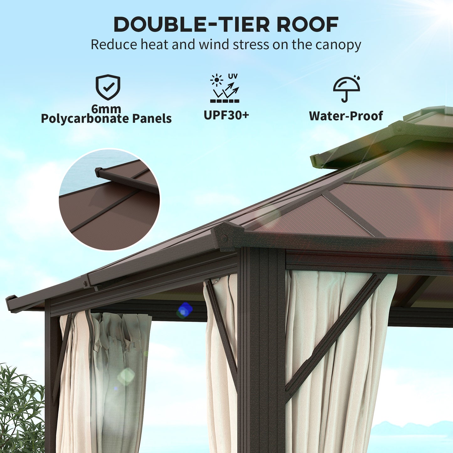 Gazebo 10' x 13' à toit rigide avec double toit en polycarbonate UPF30+, cadre en aluminium, filet et rideaux, Beige