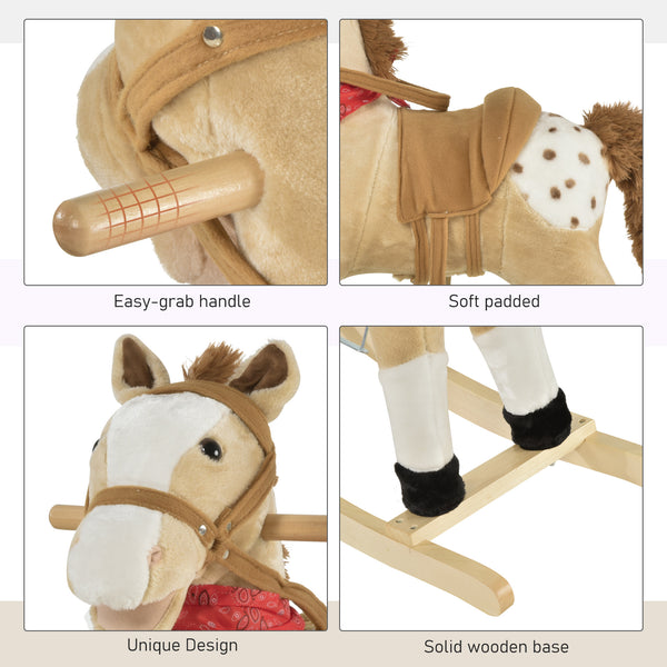 Cheval à bascule en peluche, style cowboy, avec sons réalistes et amusants, beige