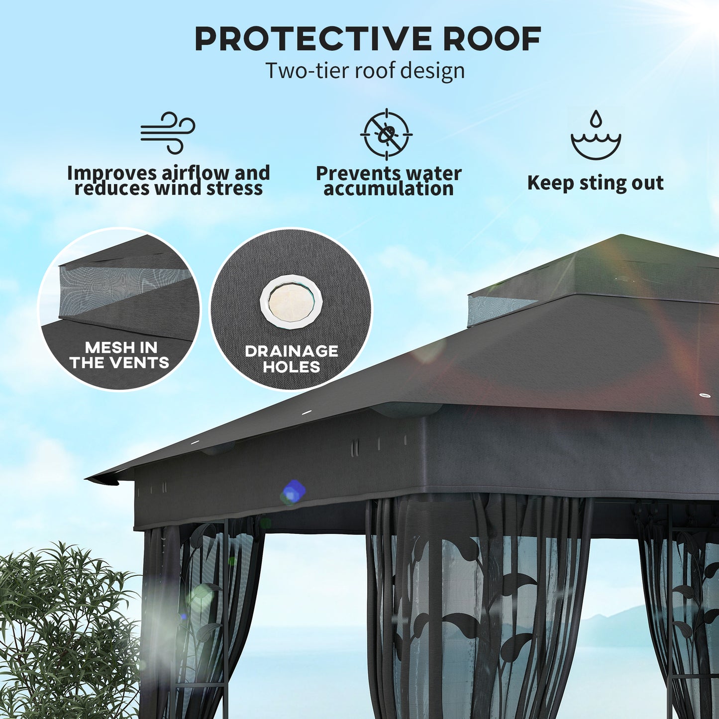 Gazebo 10' x 10' avec étagères et filet, UV30+ pour pelouse, jardin et terrasse