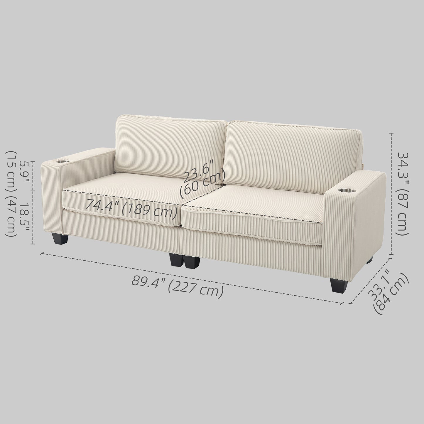 Canapé 3 places en tissu avec coussin à ressorts et porte-gobelets pour salon, chambre, blanc crème