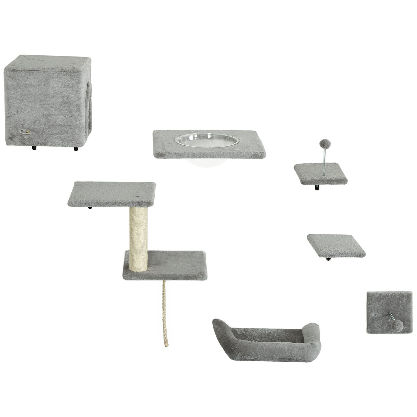 Set of 7 Wall Shelves and Perches with House, Sisal Ladder, Bed and Ball, Grey