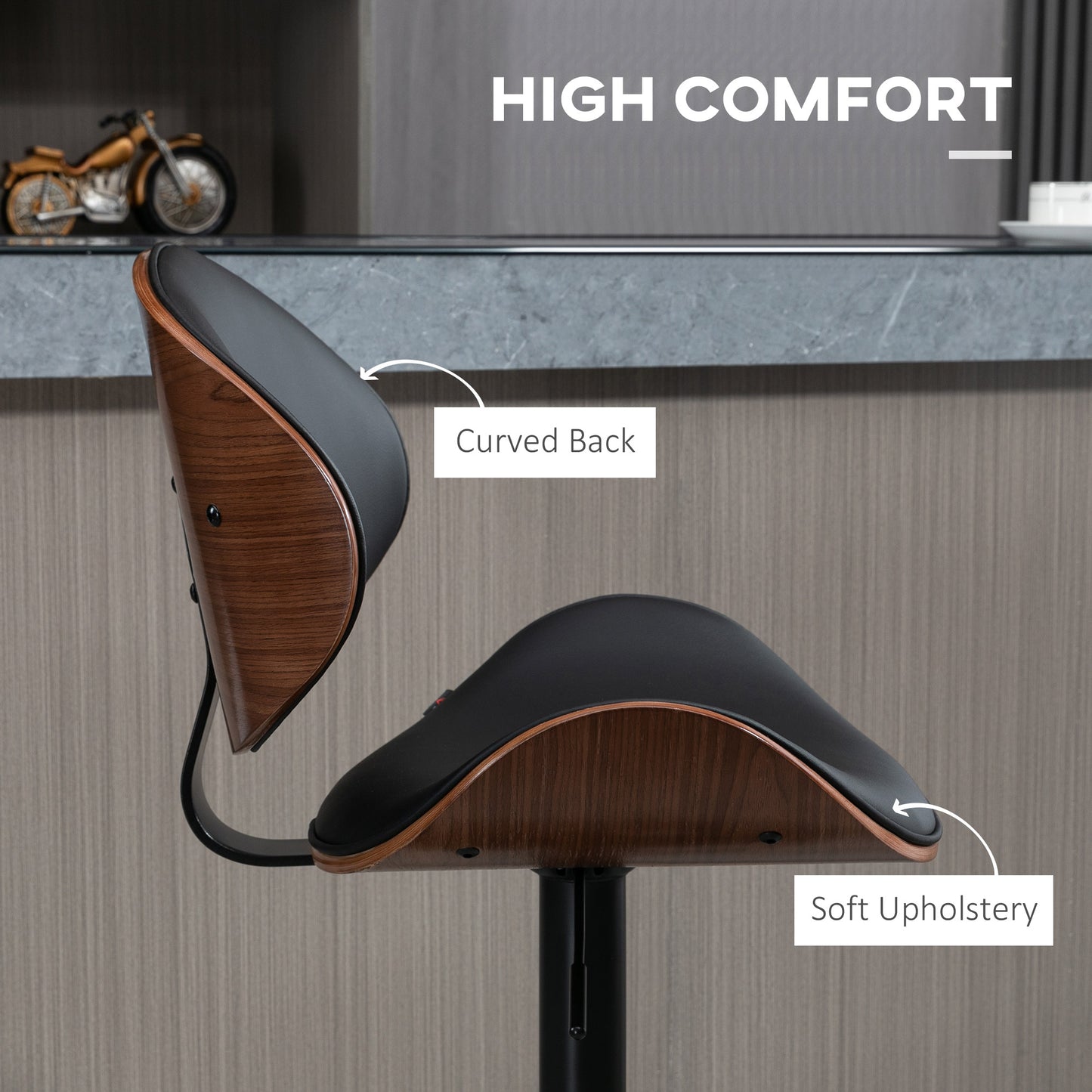 Set of 2 Modern PU Leather Adjustable Swivel Bar Stools with Curved Backrest, Steel Footrest and Base, Black