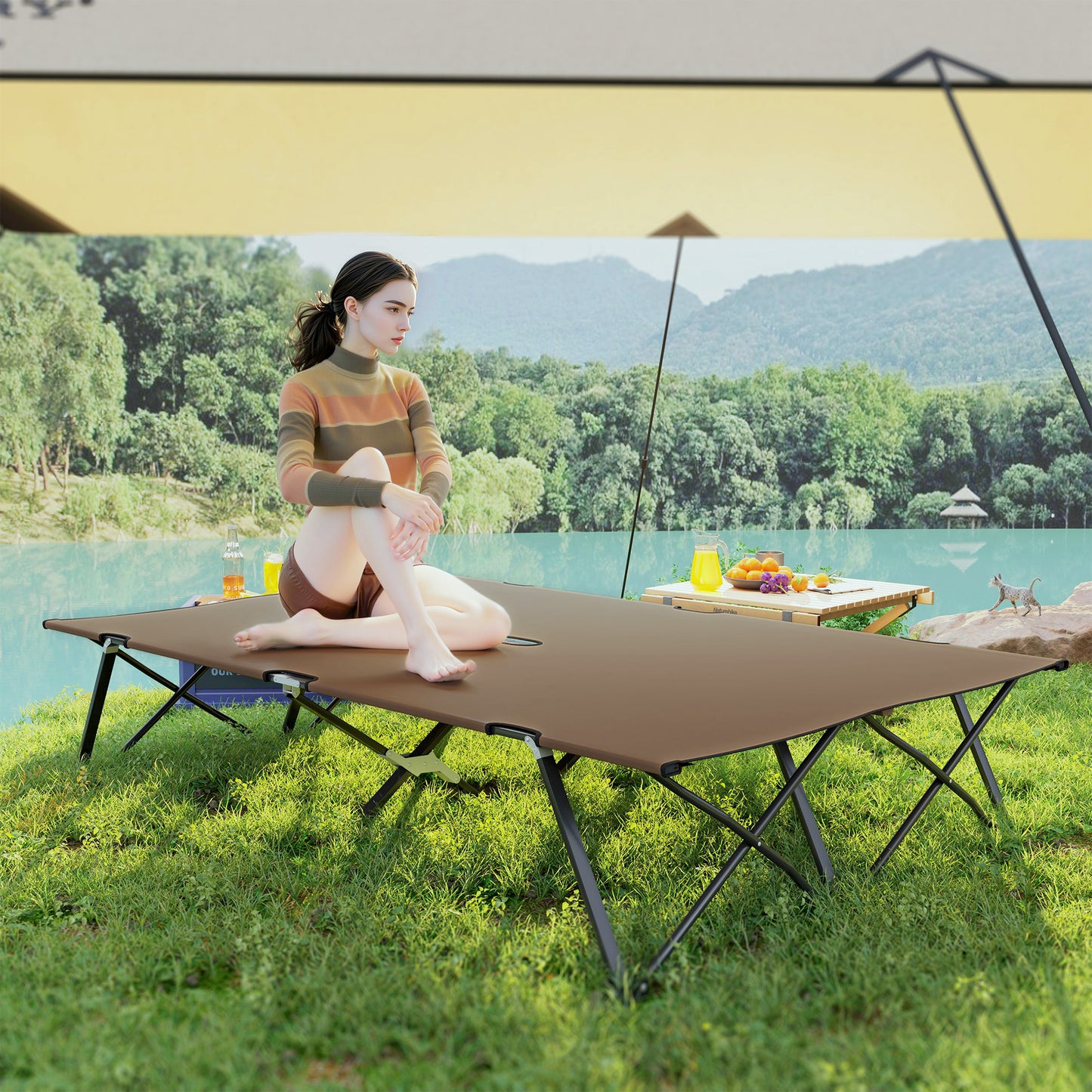 Lit de camp pliable pour deux personnes 76 pouces portable avec sac de transport, kaki