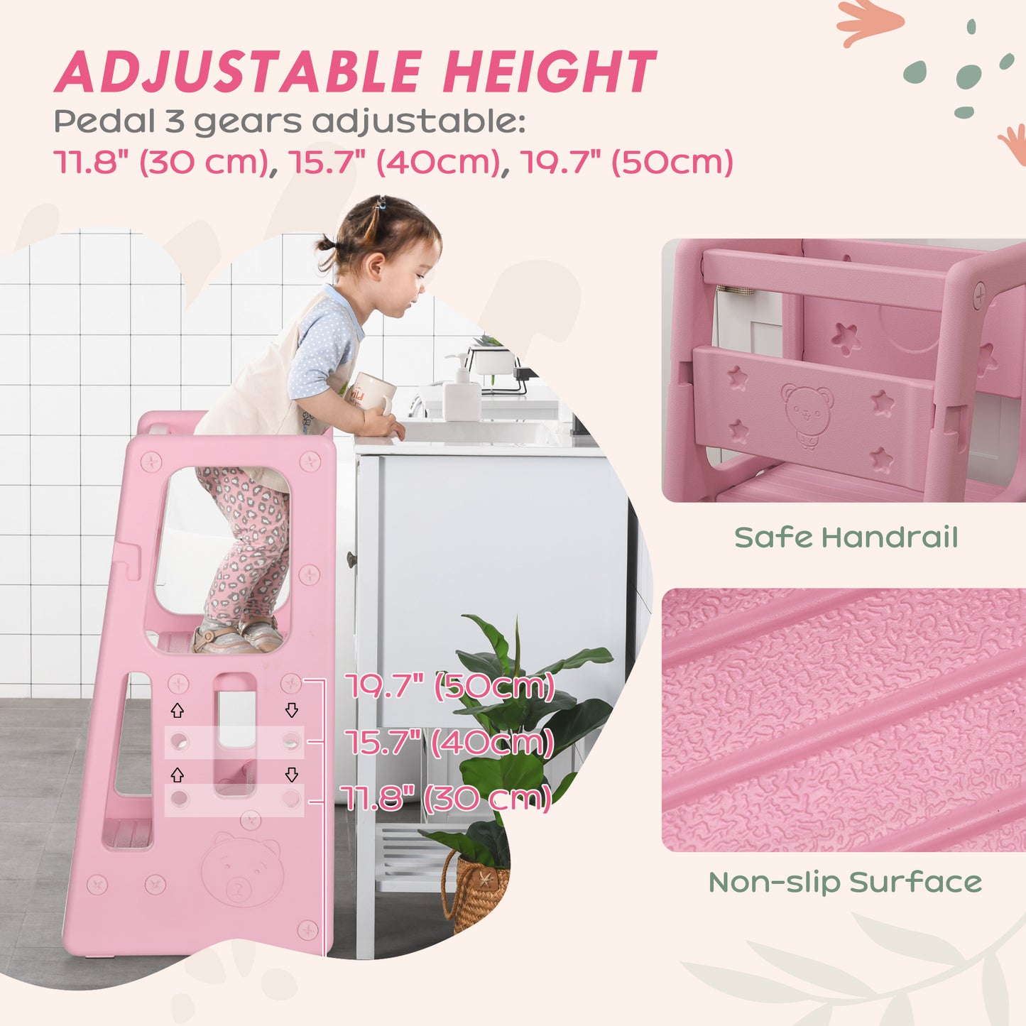 Toddler Kitchen Stool, 2 Steps, with Height Adjustable Platform and Safety Rail, Pink