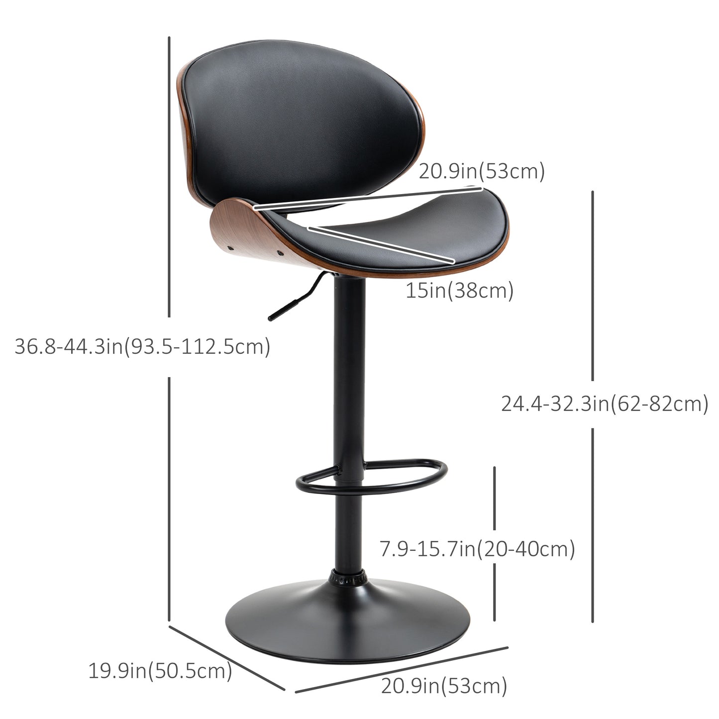 Set of 2 Modern PU Leather Adjustable Swivel Bar Stools with Curved Backrest, Steel Footrest and Base, Black