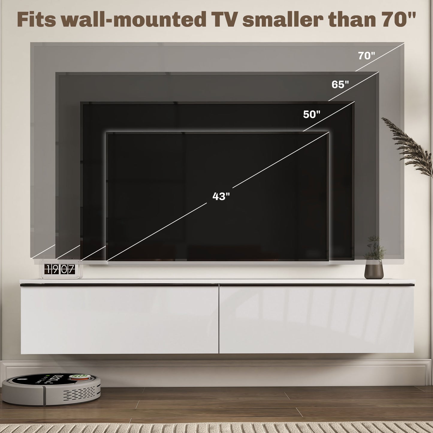 Meuble TV mural flottant pour téléviseurs jusqu'à 70 pouces avec rangement, effet brillant, blan