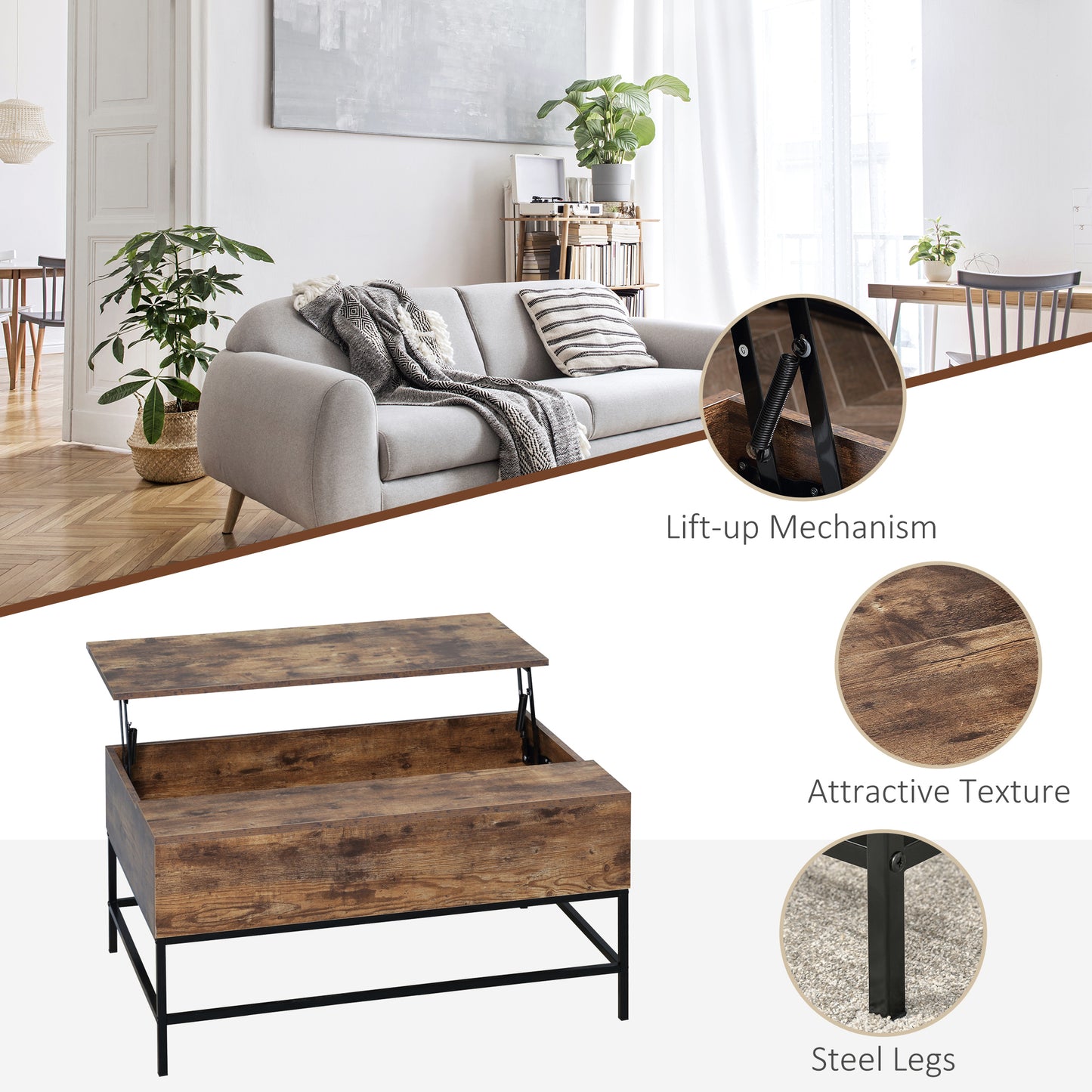 Table centrale relevable pour salon, marron rustique