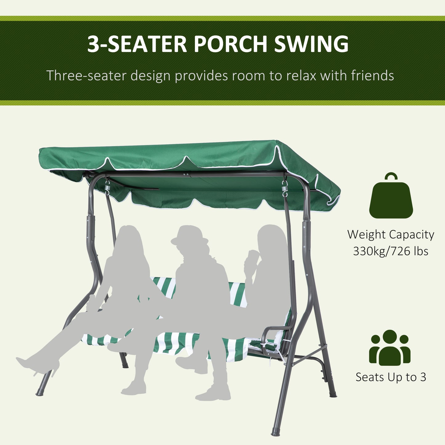 Outsunny 3 Seater Patio Swing, Outdoor Swing Chair with Adjustable Canopy, Removable Cushion and Weatherproof Steel Frame, for Garden, Poolside, Green and White