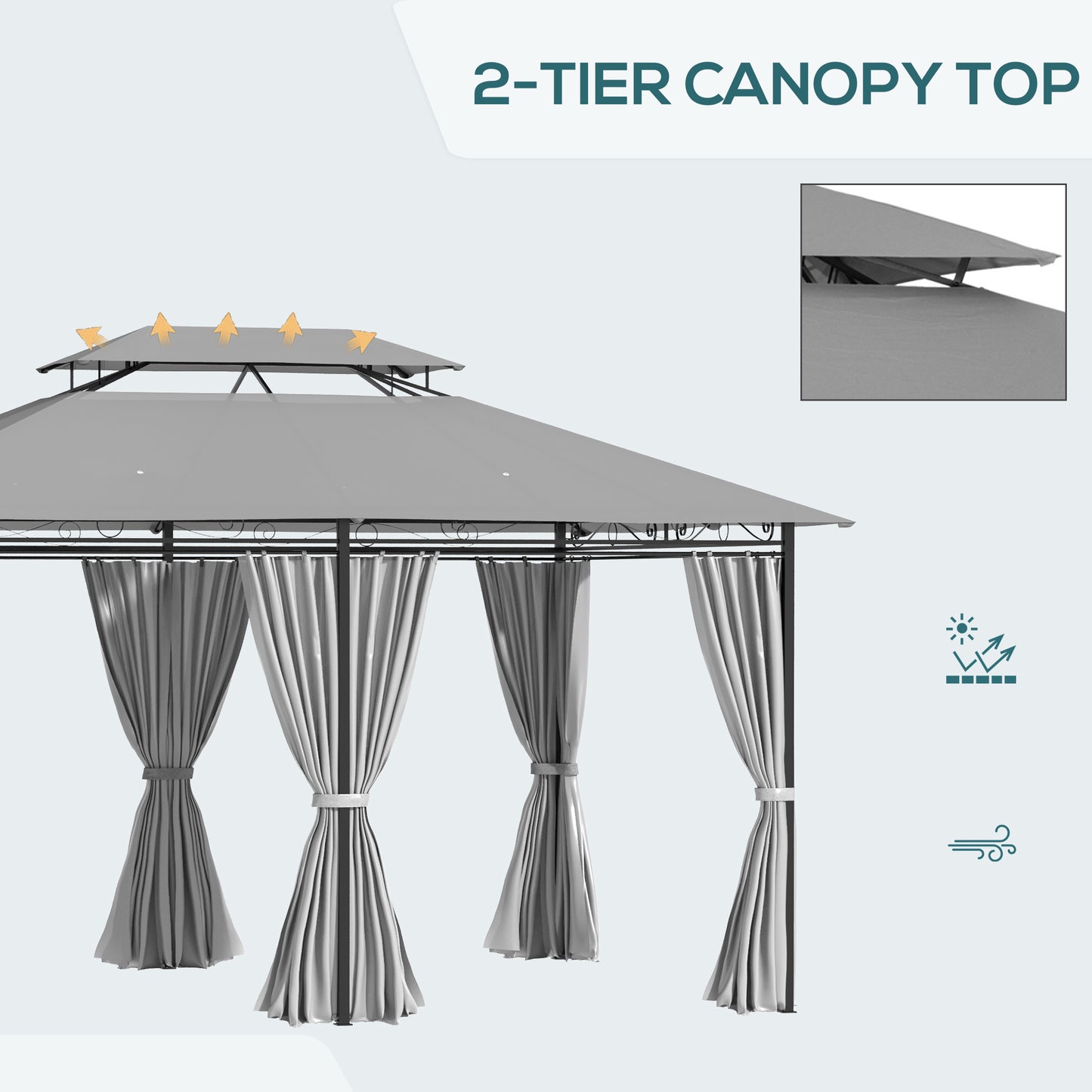Gazebo 10' x 13', abri pare-soleil extérieur à 2 niveaux avec rideaux, gris foncé