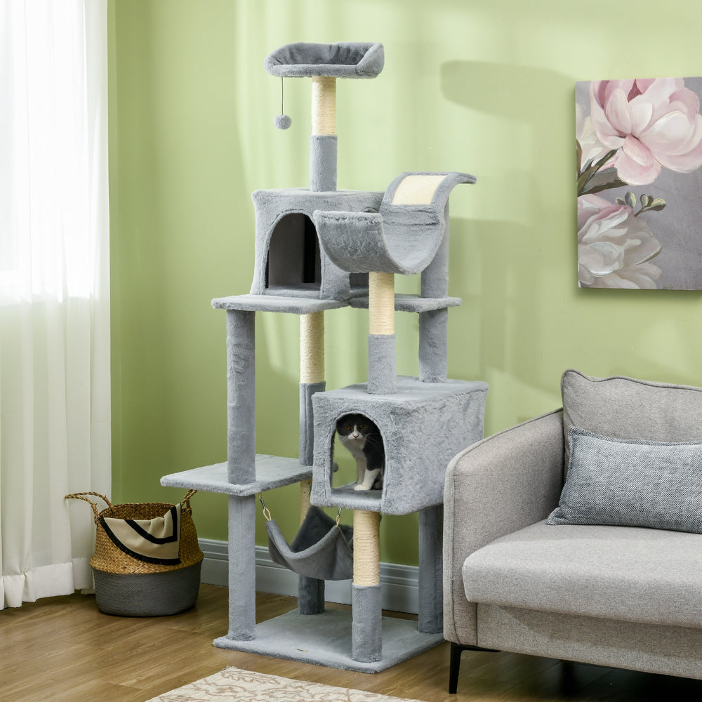 Large 178cm Multi-Level Cat Tree with Hammock, Basket & Sisal Scratching Posts, Blue-Grey
