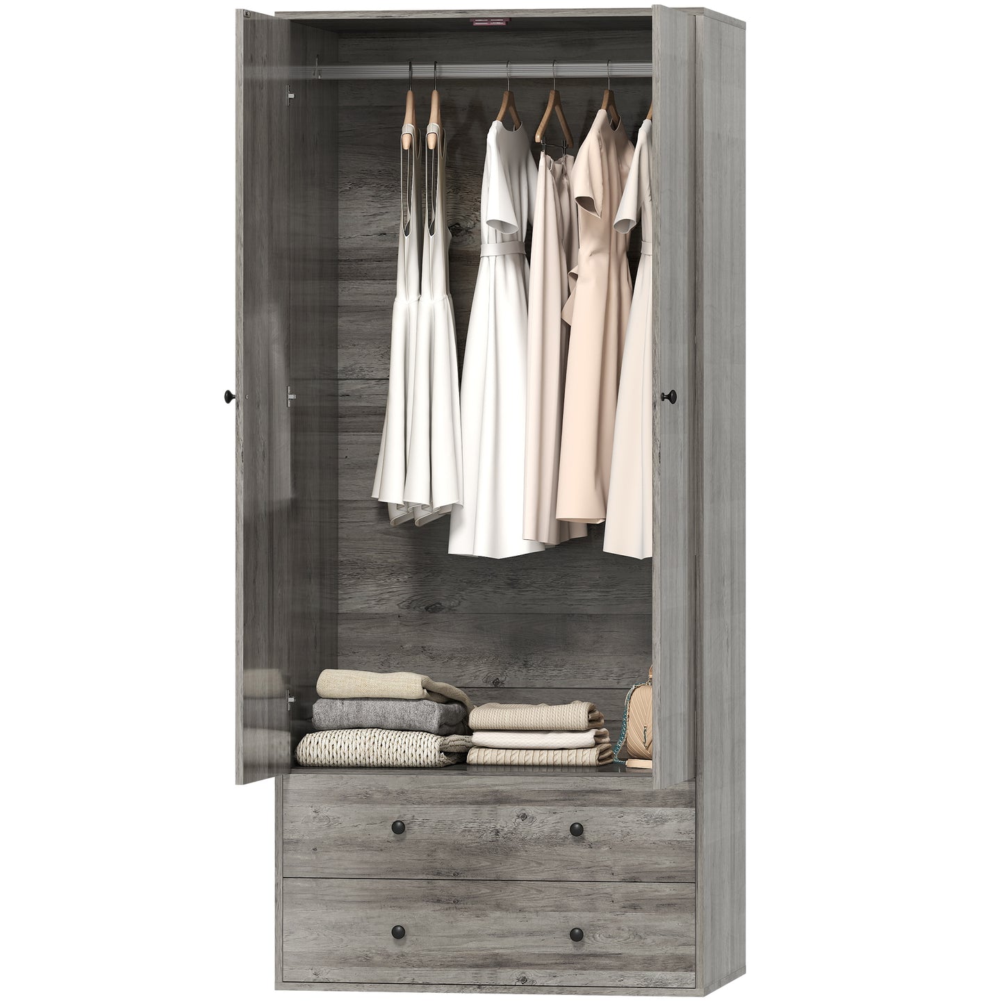 Armoire penderie moderne avec 2 tiroirs et tringle de suspension, gris