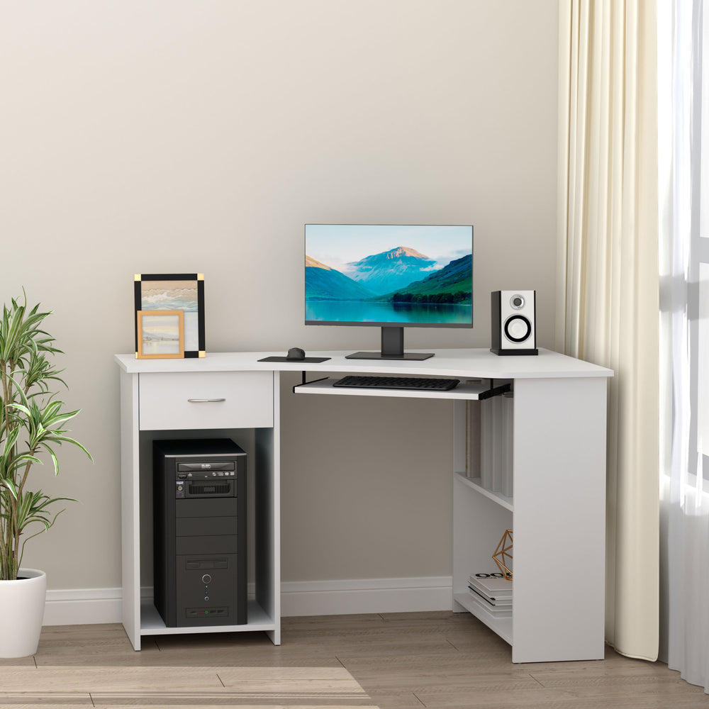Bureau en L avec plateau pour clavier pour petit espace avec étagères, blanc