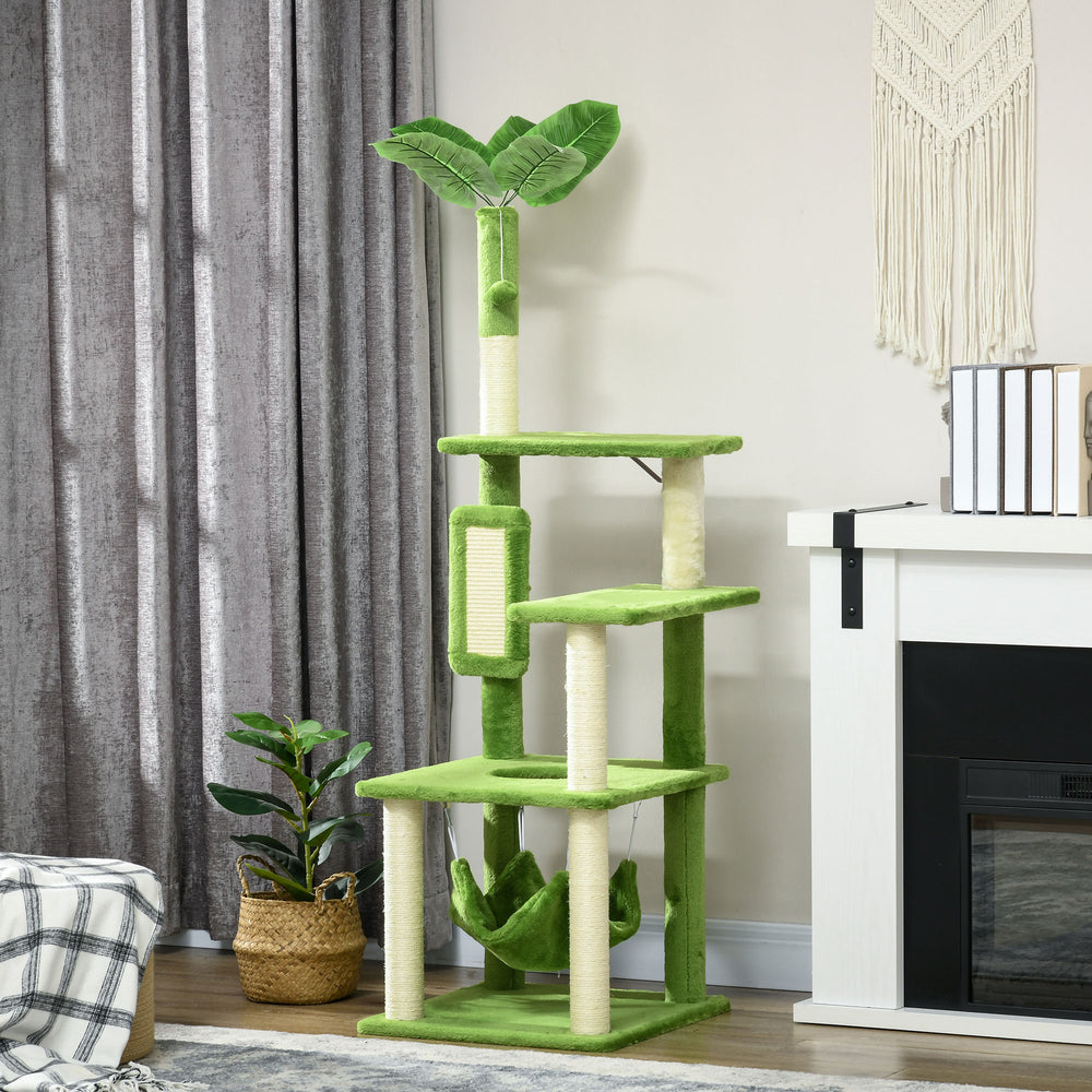 56" Cat Tree with Hammock, Scratching Post, Platforms, Play Ball, Green