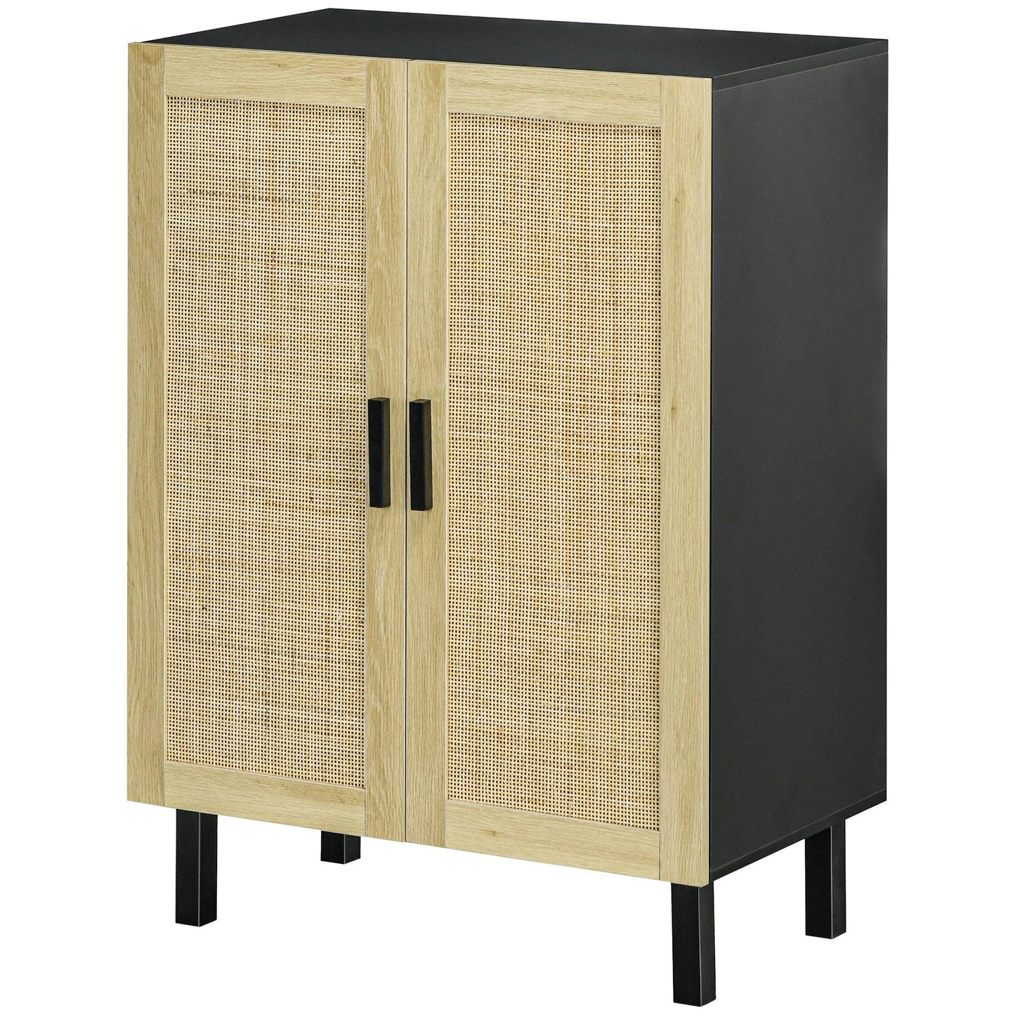 Bohemian sideboard, sideboard with 2 rattan doors and adjustable shelves, black and beige