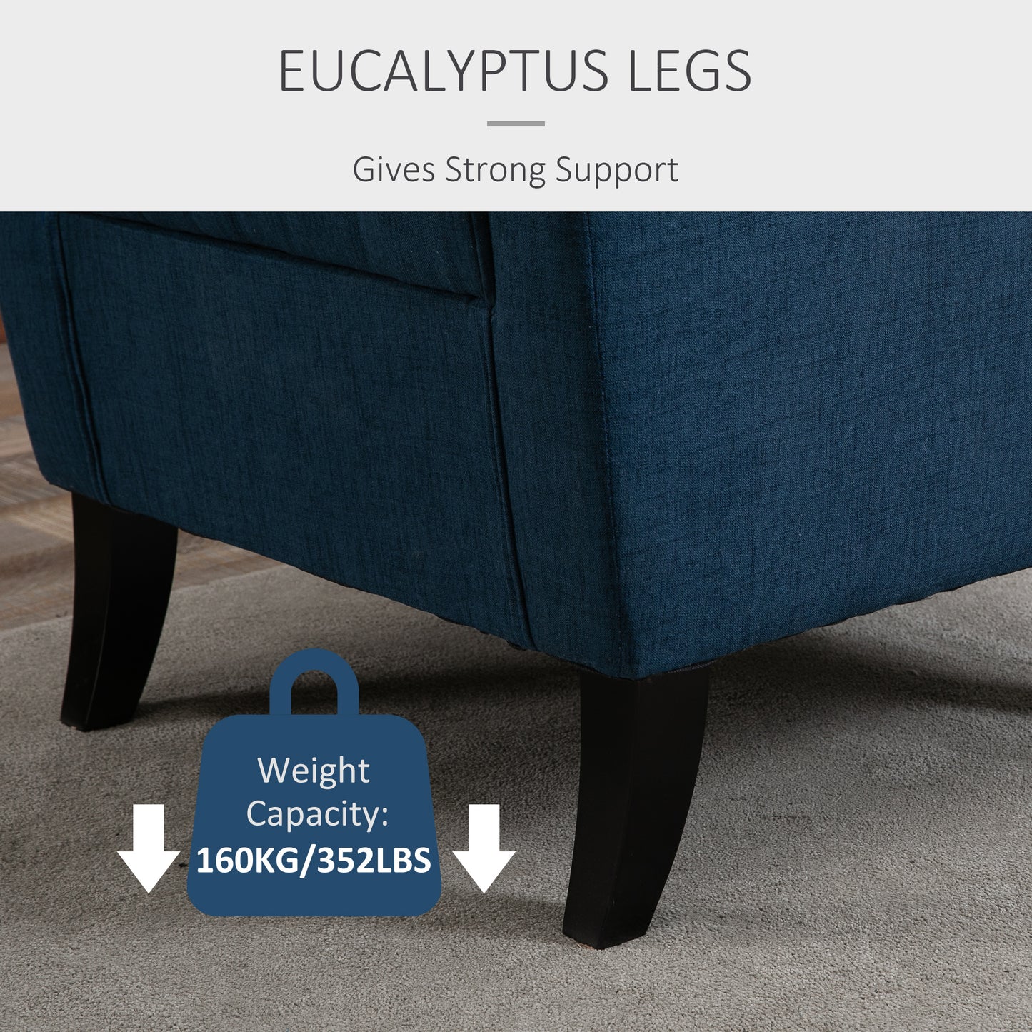 Upholstered accent chair with wooden legs, rounded armrests, thick padding, blue