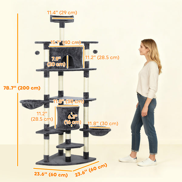 Arbre à chat de 79" avec jouets pour chatons, gris foncé