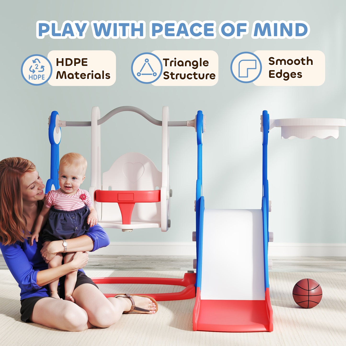 4-in-1 Slide and Swing Set with Basketball Hoop and Climber, for Boys and Girls Ages 1.5-4, Rocket Theme, Dark Blue