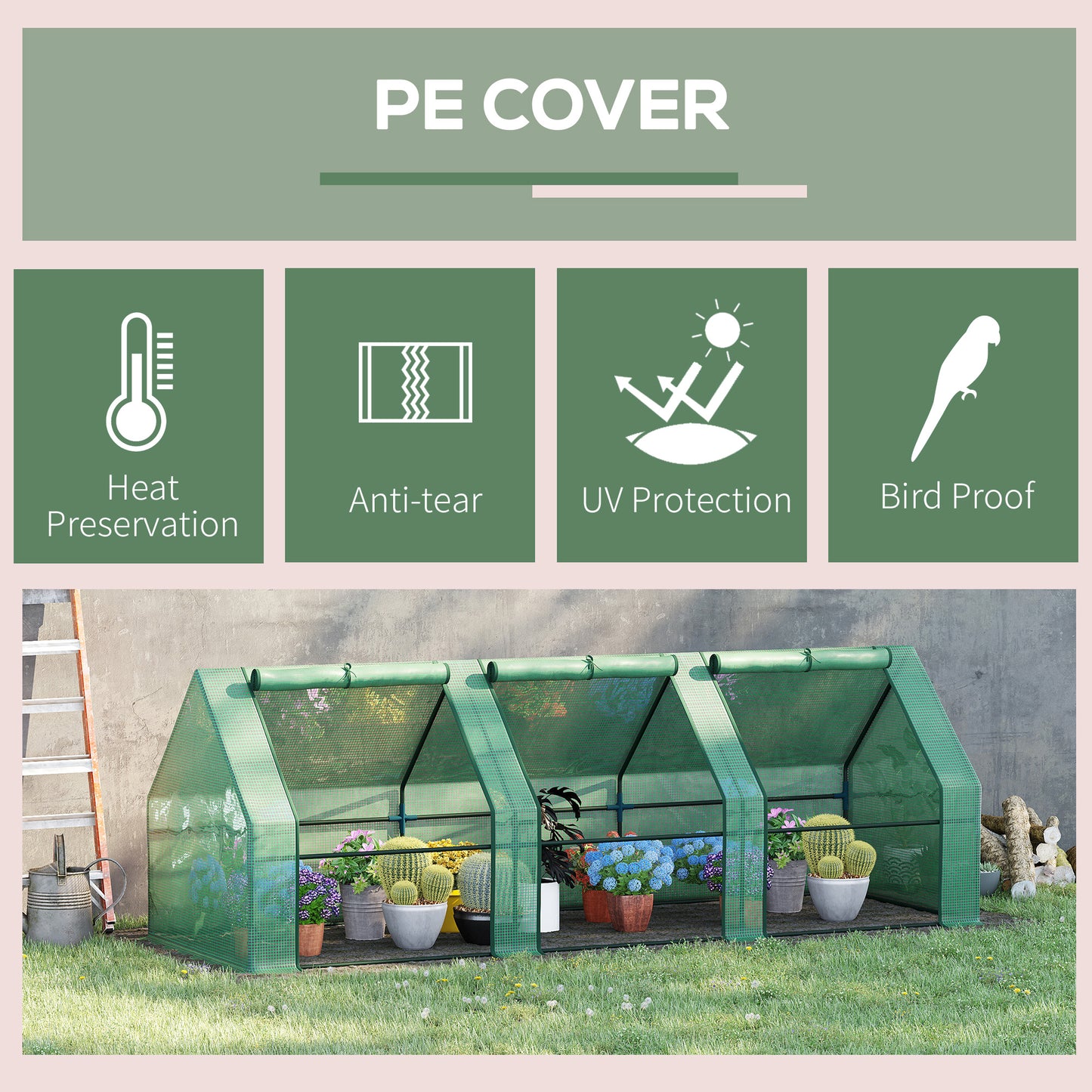 Outsunny 9' x 3' x 3' Portable Mini Tunnel Greenhouse for Growing Plants and Flowers, with Zippered Roll-Up Doors and Polyethylene Cover, Green