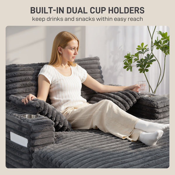 Chaise de lecture rembourré surdimensionné avec porte-gobelets et oreillers, gris
