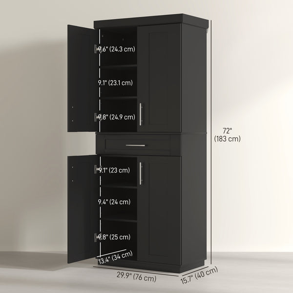 Garde-manger de 72 pouces avec 4 portes, tiroir et 3 étagères réglables, noir
