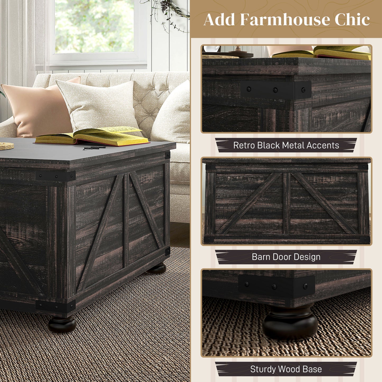 Table basse de style ferme avec couvercles rabattables, compartiment de rangement dissimulé et pieds en bois, marron vieilli