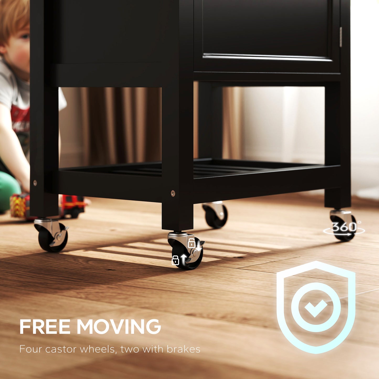 HOMCOM Kitchen Island on Wheels, Rolling Kitchen Cart with Wooden Top, Towel Rack, Drawer and Shelf for Dining Room, Black