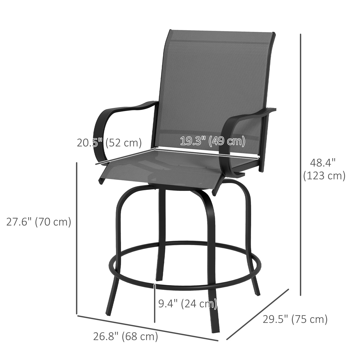 Outsunny Set of 2 Outdoor Bar Stools, 360° Swivel, 68 x 75 x 123 cm, Grey