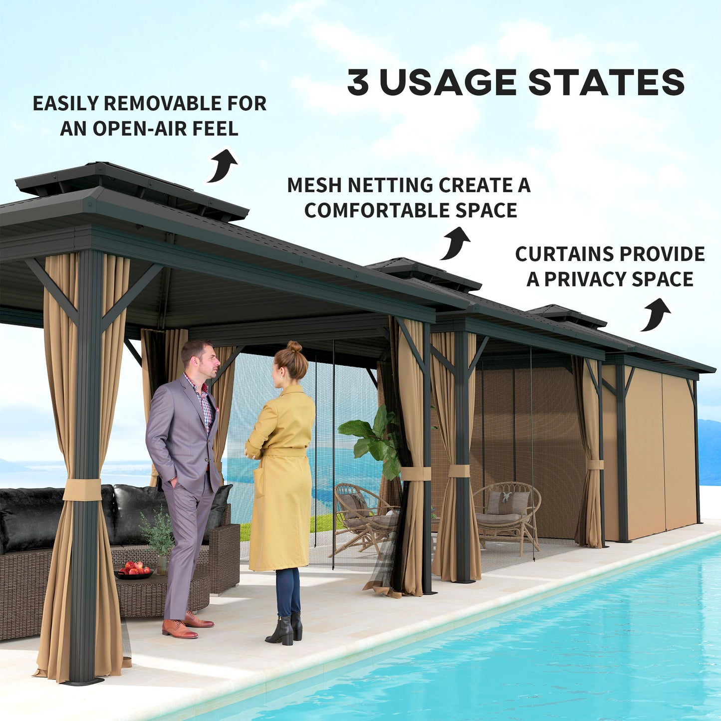 Gazebo 10' x 12' à toit rigide, abri solaire avec toit métallique à deux niveaux, moustiquaire et crochet de suspension, brun foncé
