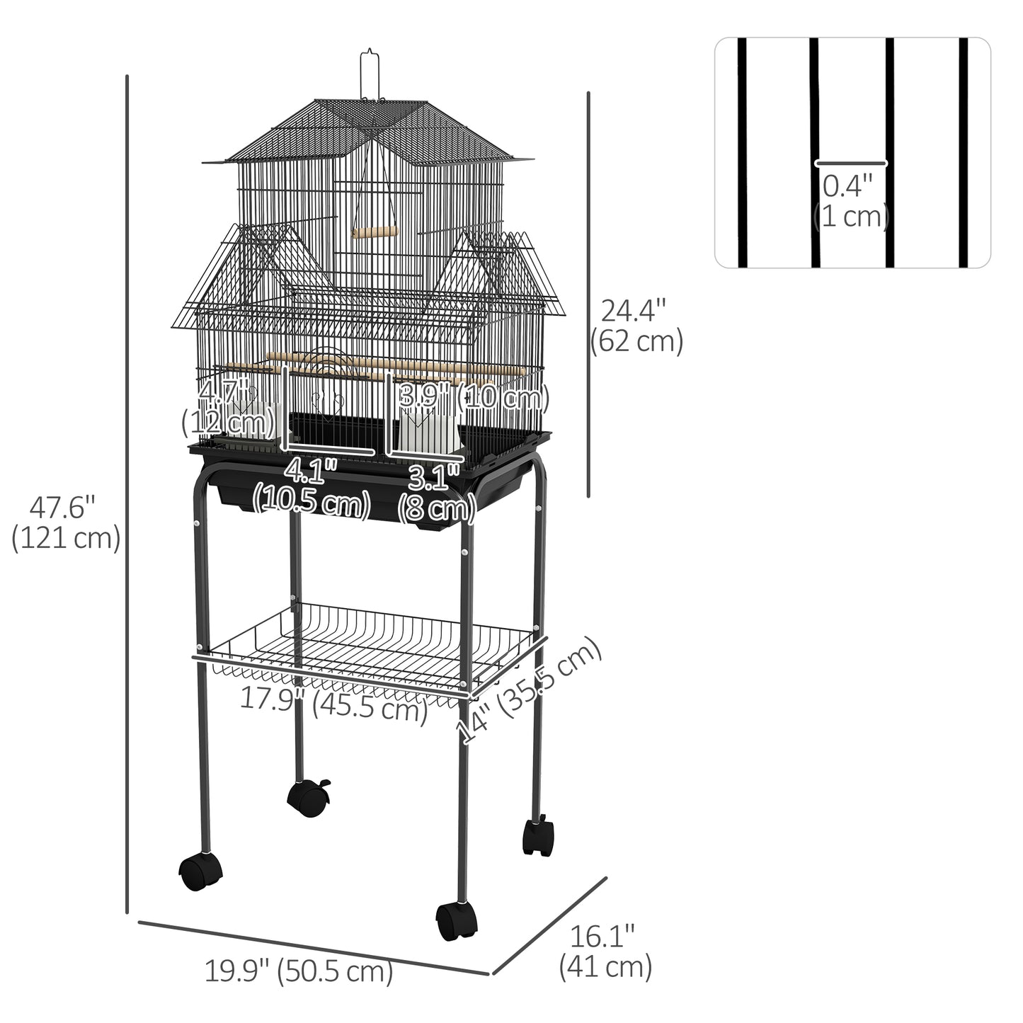 PawHut 48" Bird Cage with Perch, Swing, Food Container, Sliding Tray and Handle, Cage for Parrots, Finches, Canaries and Parakeets