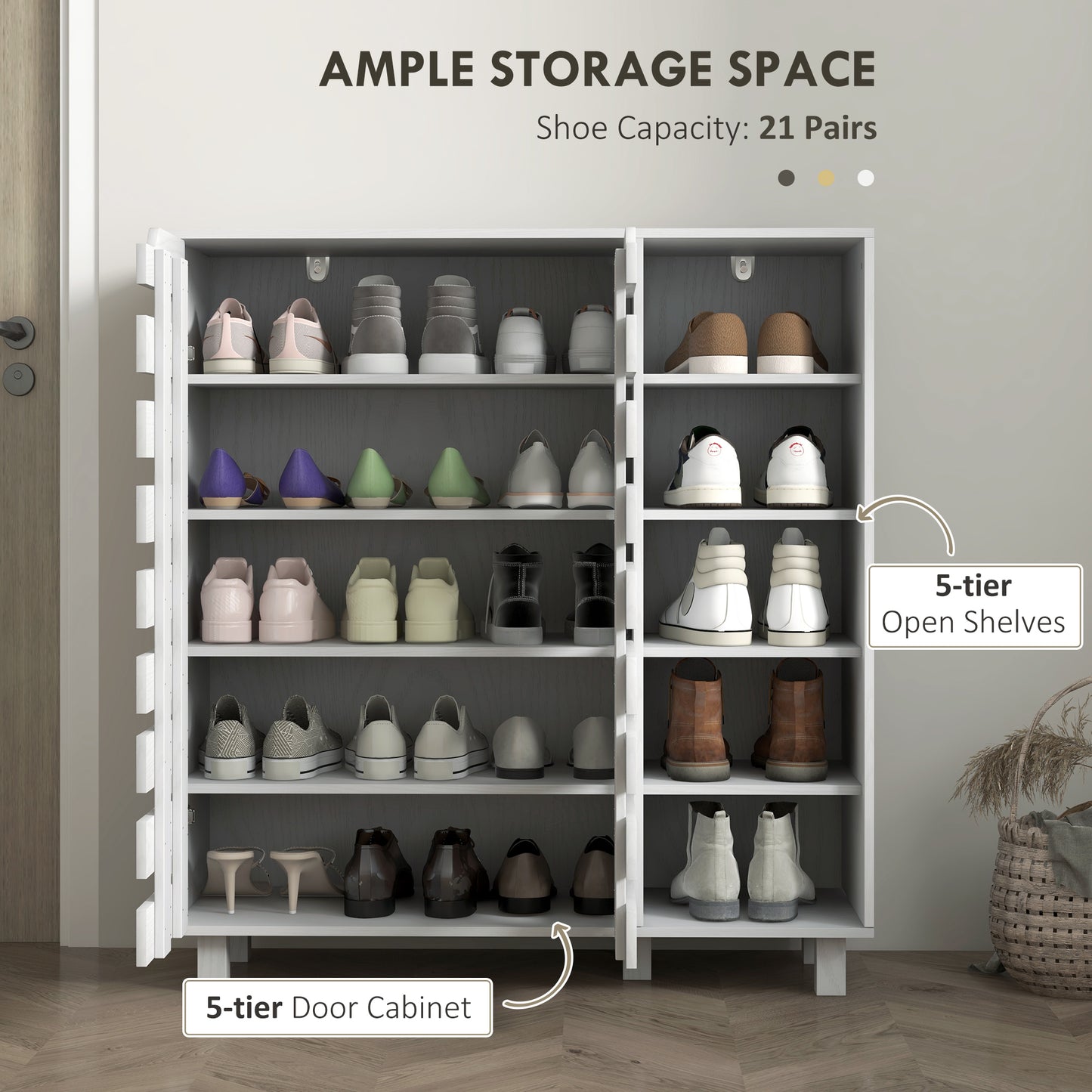 Meuble à chaussures HOMCOM, meuble de rangement pour 21 paires de chaussures avec armoire à double porte à 5 niveaux et étagères ouvertes à 5 niveaux, blanc