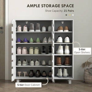 Meuble de rangement pour 21 paires de chaussures avec armoire à double porte à 5 niveaux et étagères ouvertes à 5 niveaux, blanc