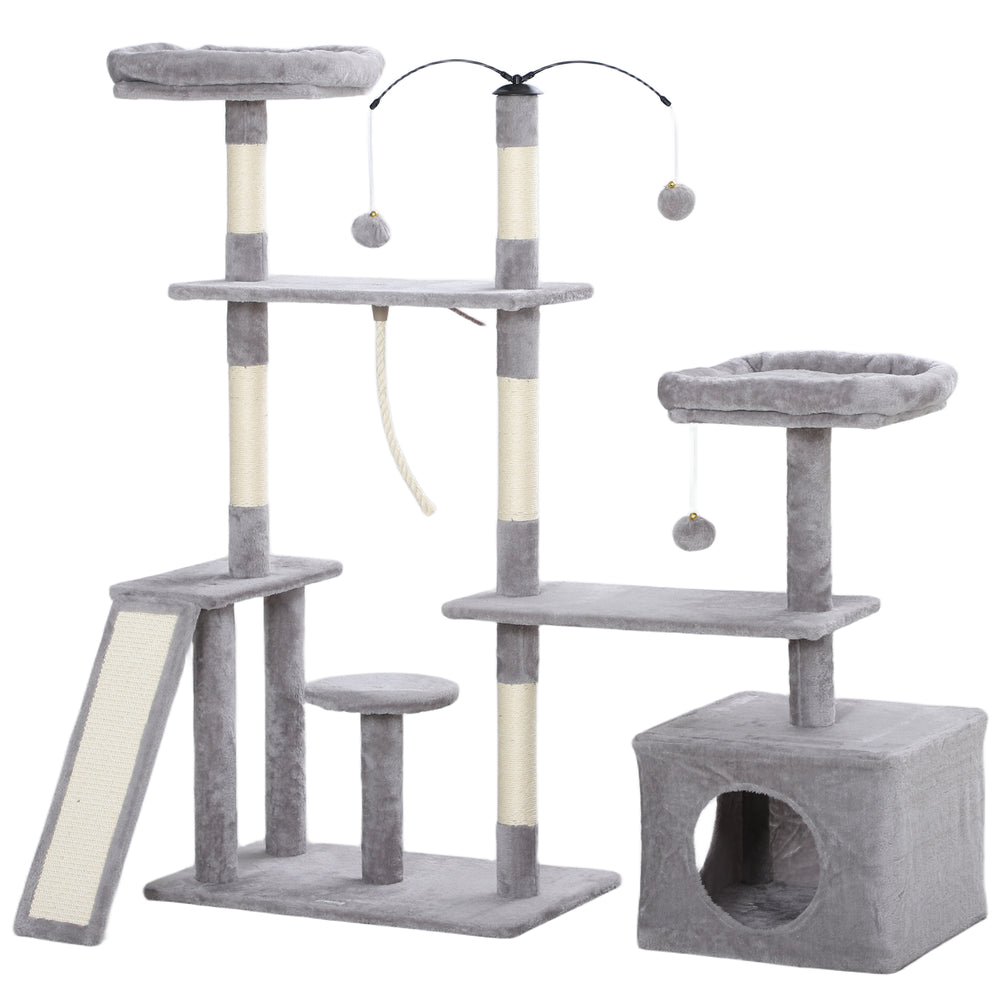 Arbre à chat avec griffoirs, niche, lits, plateformes et balles de jeu, gris clair