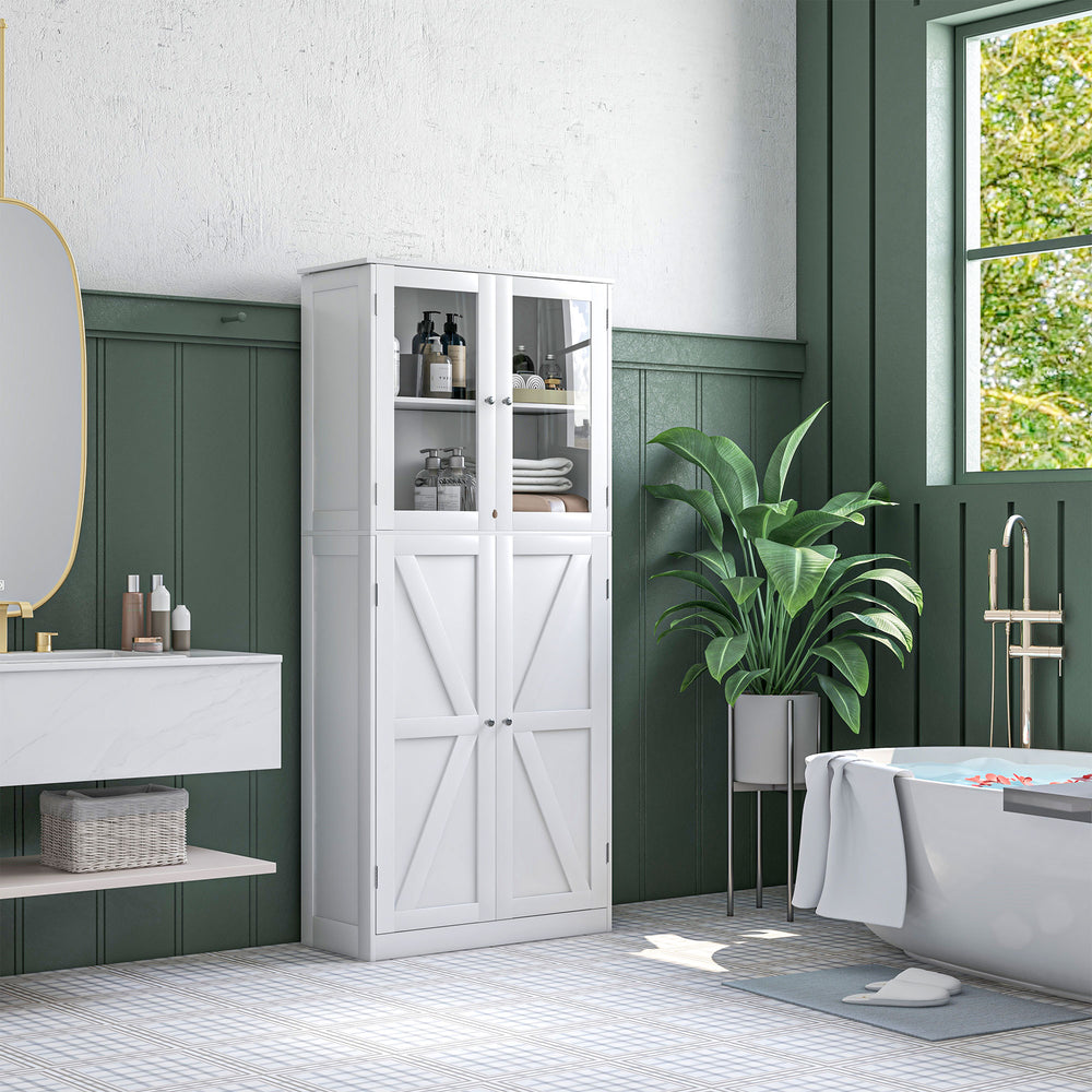 Meuble de salle de bain moderne avec portes vitrées et portes de grange à 5 niveaux, blanc
