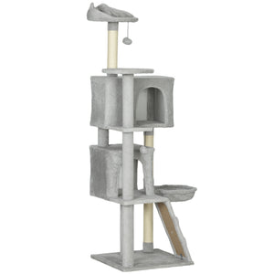 Arbre à chat de 160 cm avec griffoirs, cabanes, perchoirs, hamac, échelle, gris clair