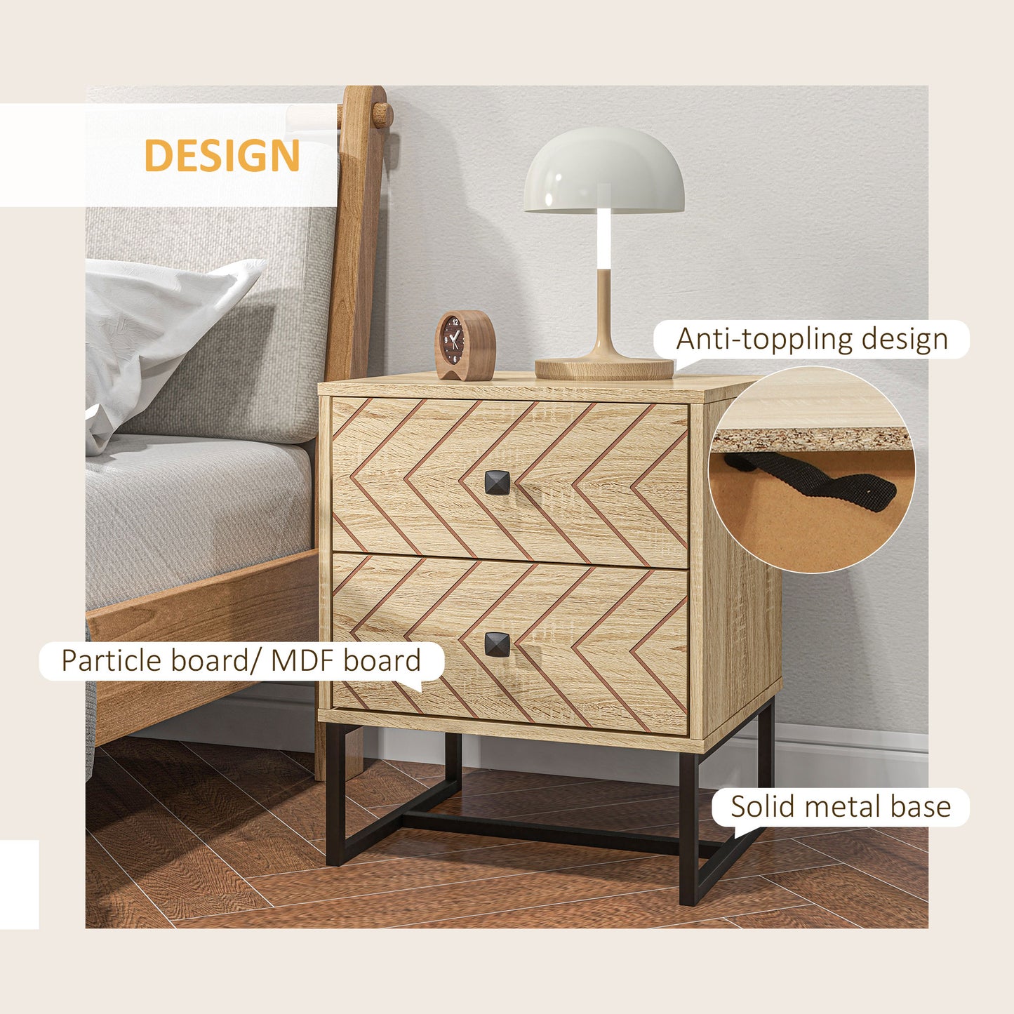Table de chevet moderne avec tiroirs et pieds en métal, design en zigzag, couleur naturelle