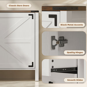 Buffet style campagnard, avec plateau épais, 2 portes de grange, 4 tiroirs et 2 étagères réglables, blanc